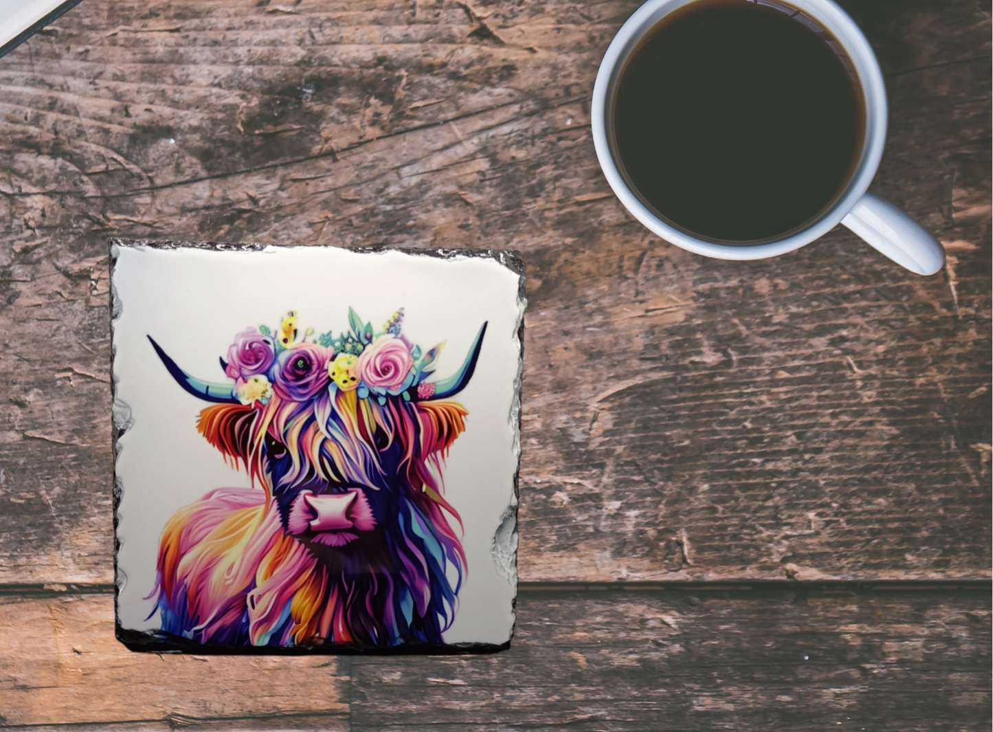 Colourful Cow With Flower Crown Slate Coaster