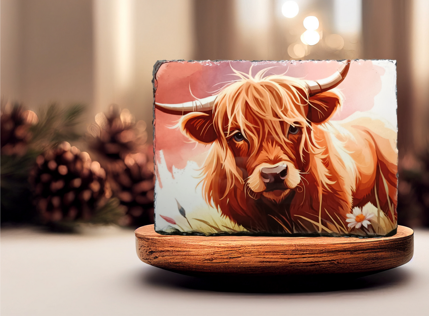 Pink Highland Cow Slate Art