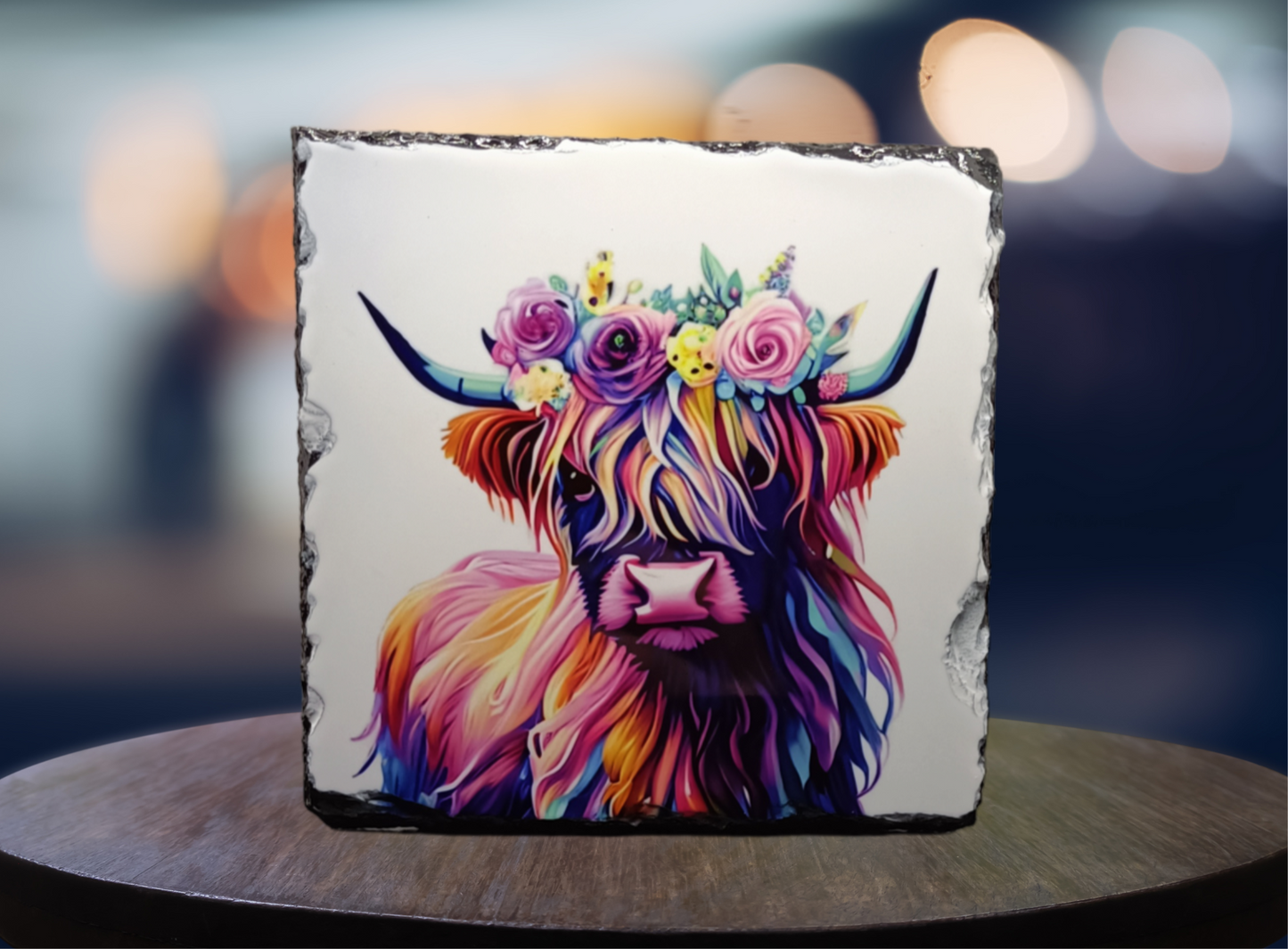 Coloured Cow With Flower Crown Slate Art