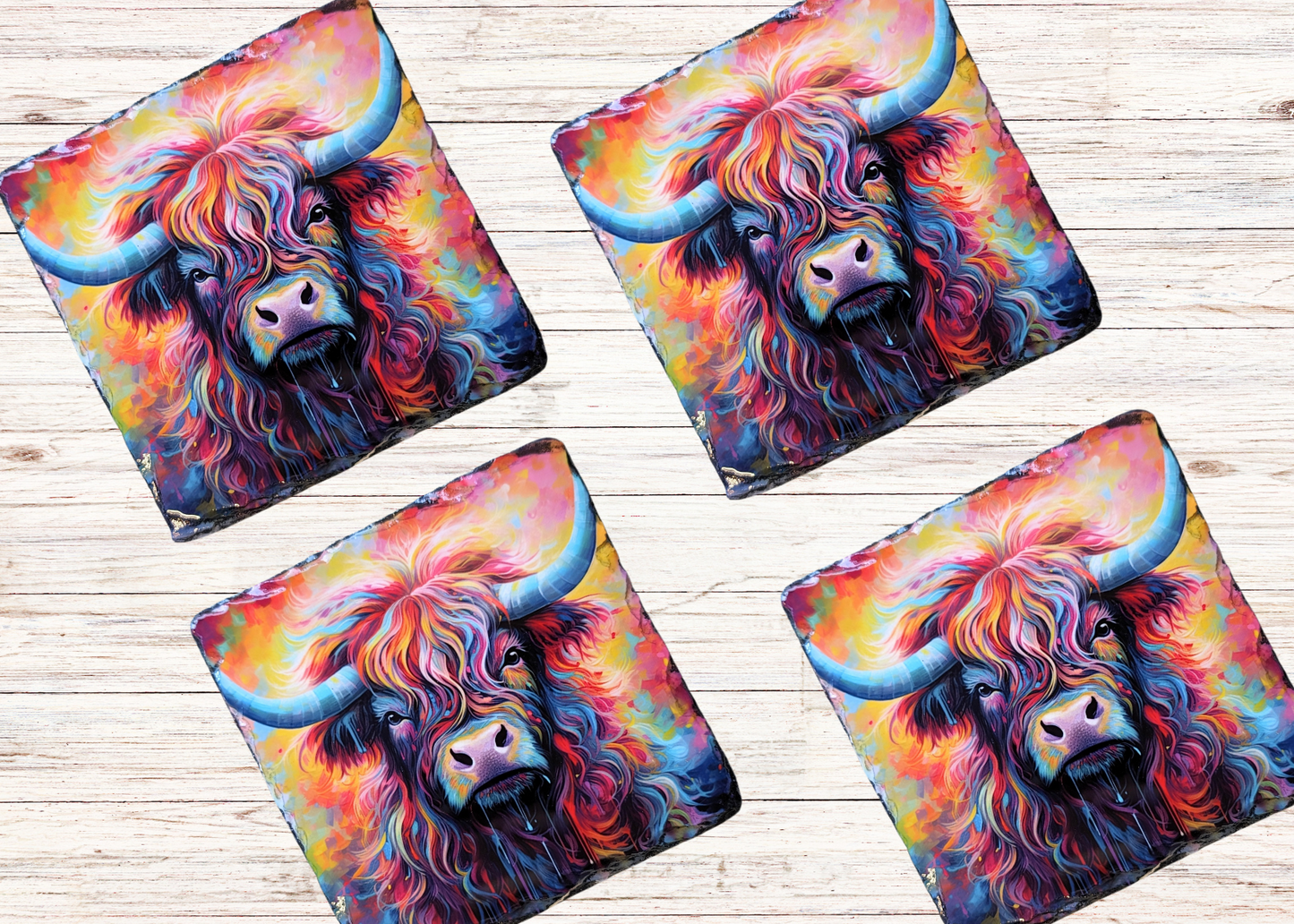 Colourful Highland Cow Slate Coaster