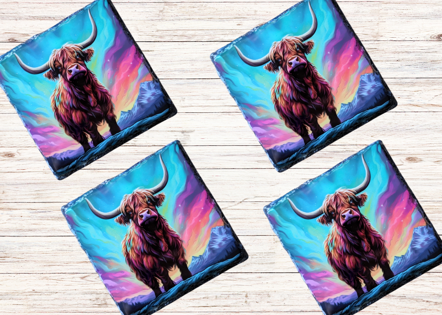 Northern Lights Highland Cow Slate Coaster