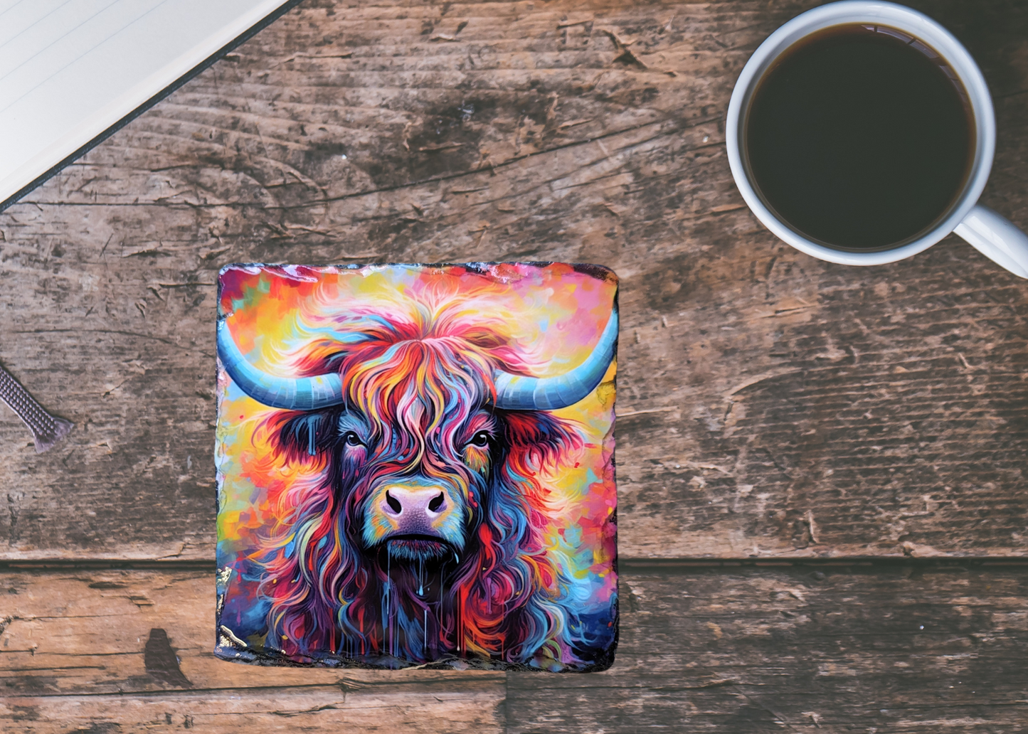 Colourful Highland Cow Slate Coaster