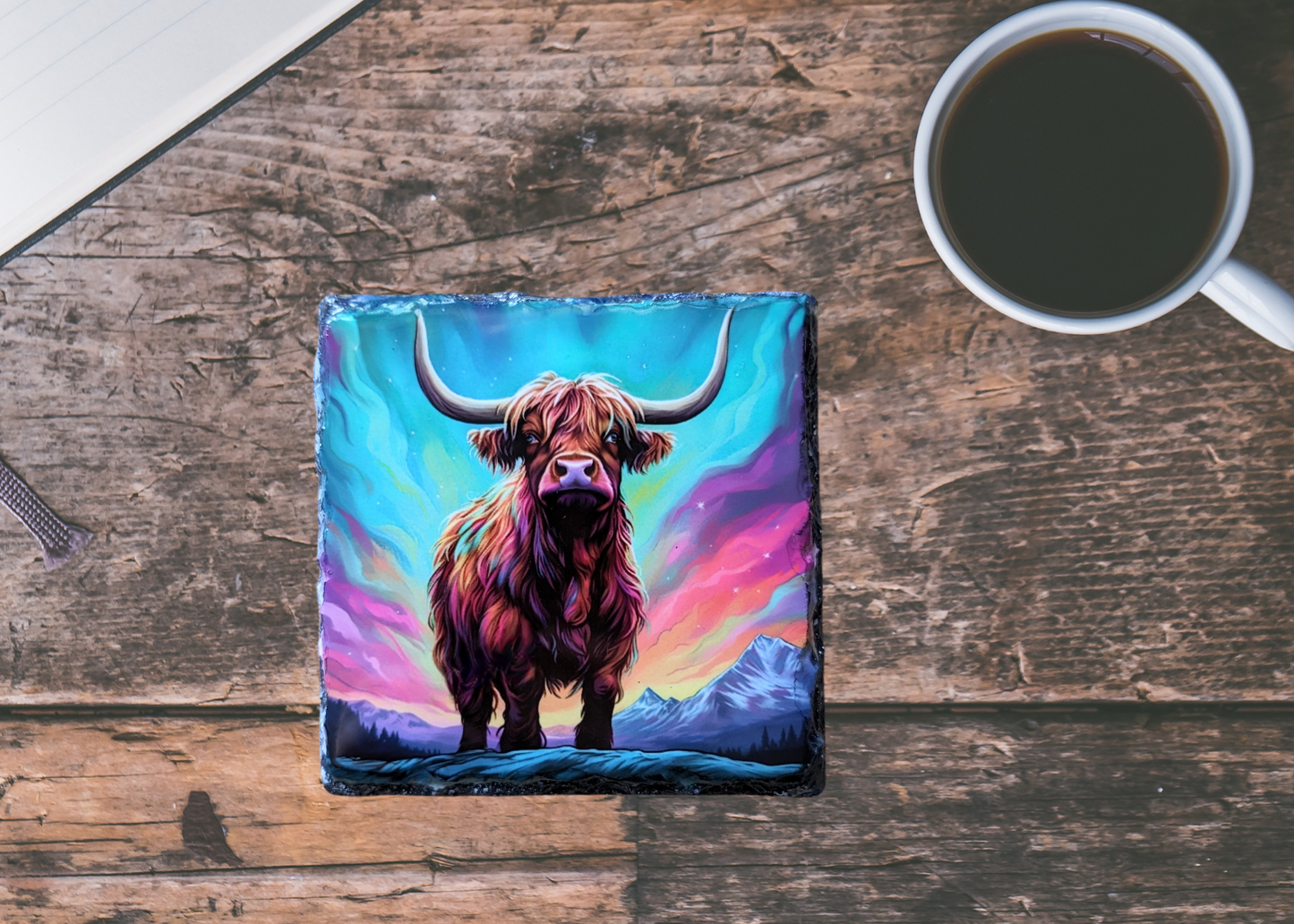 Northern Lights Highland Cow Slate Coaster