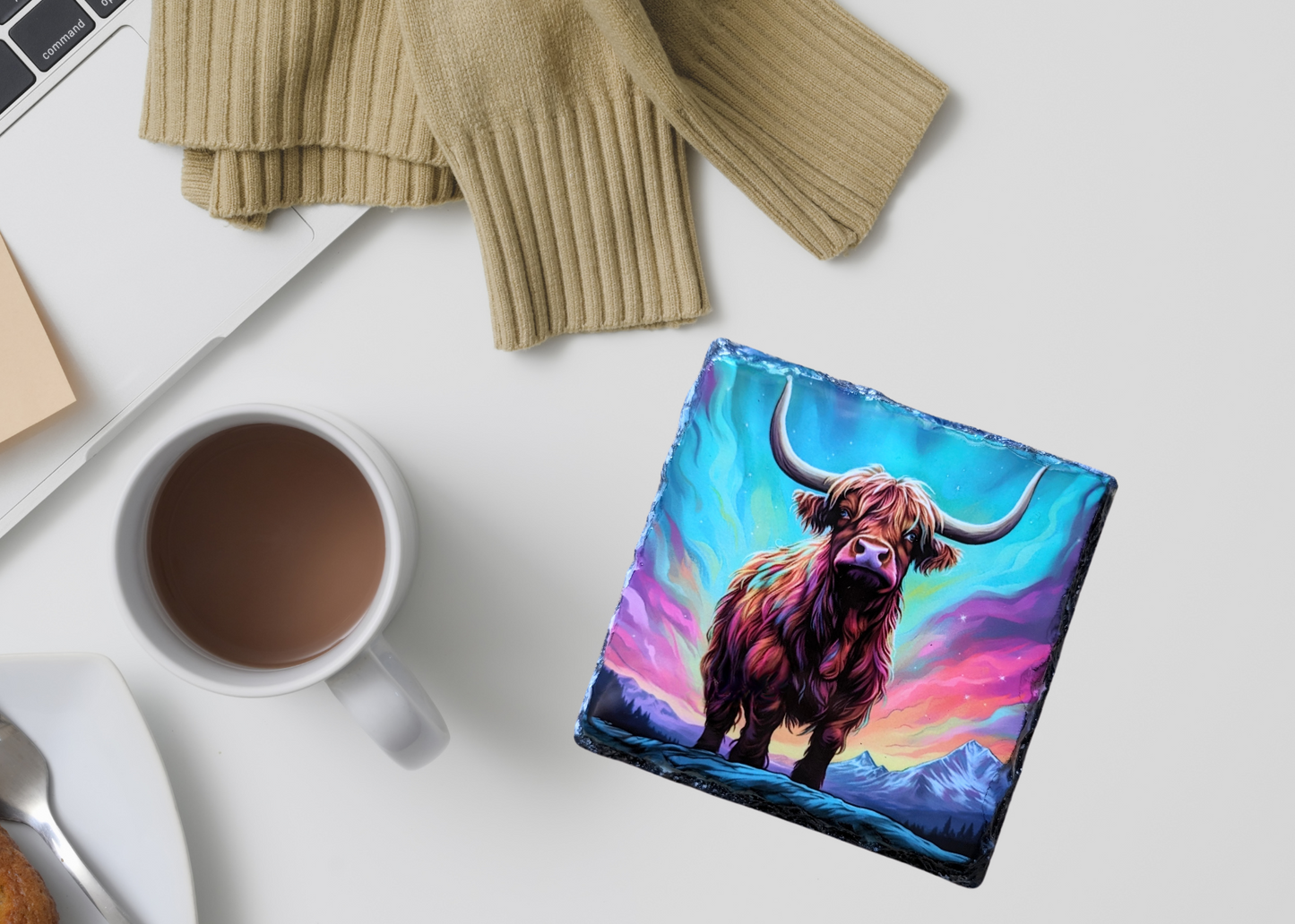 Northern Lights Highland Cow Slate Coaster