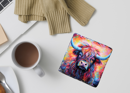 Colourful Highland Cow Slate Coaster