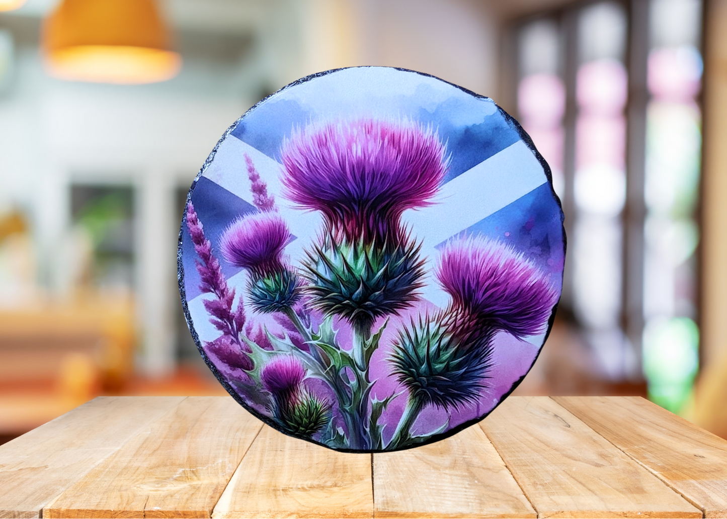 Round Scotland Flag Purple Thistle Slate Art