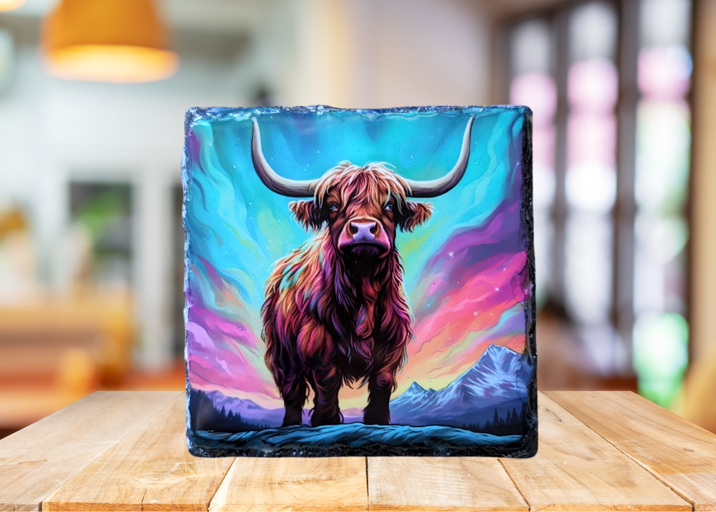 Northern Lights Highland Cow Slate Art