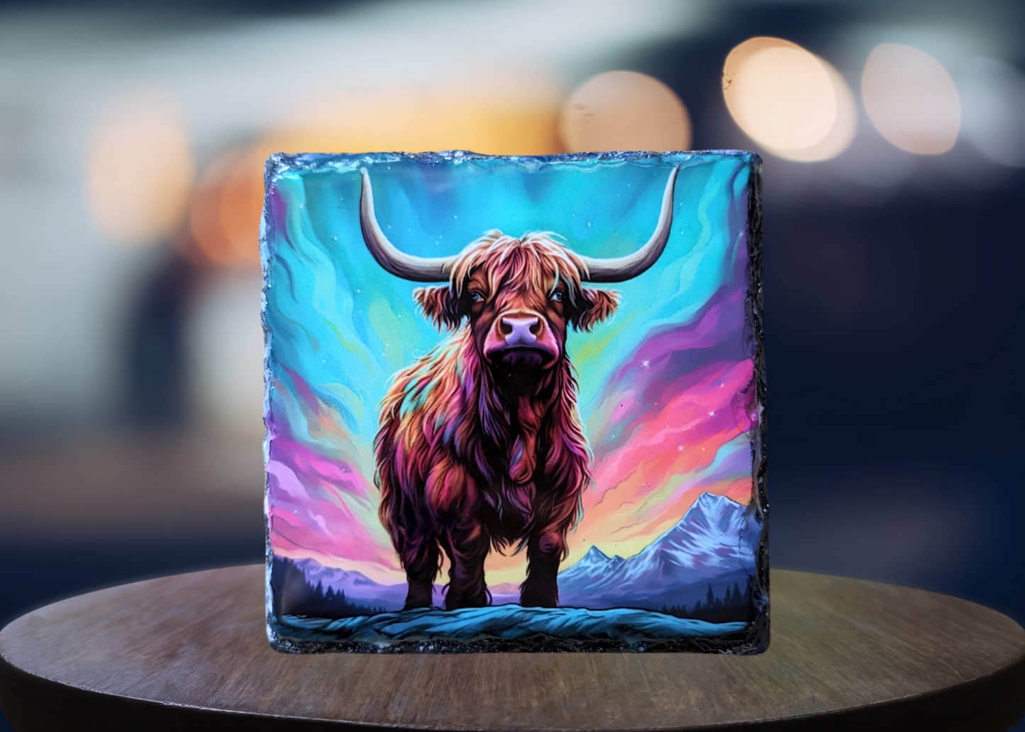 Northern Lights Highland Cow Slate Art