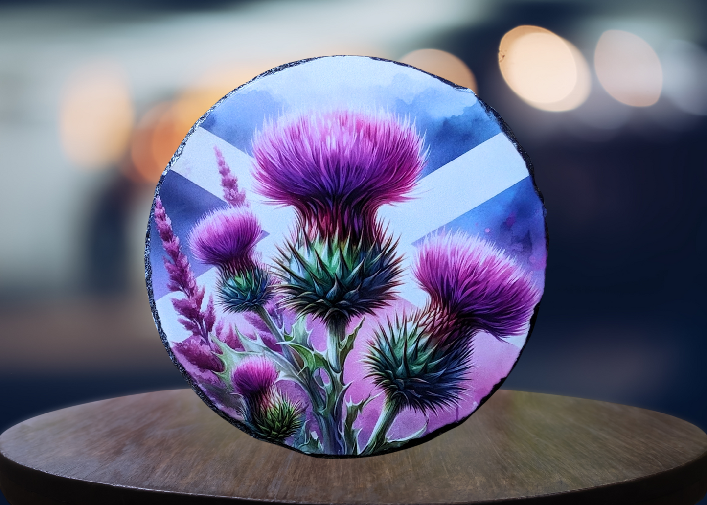 Round Scotland Flag Purple Thistle Slate Art