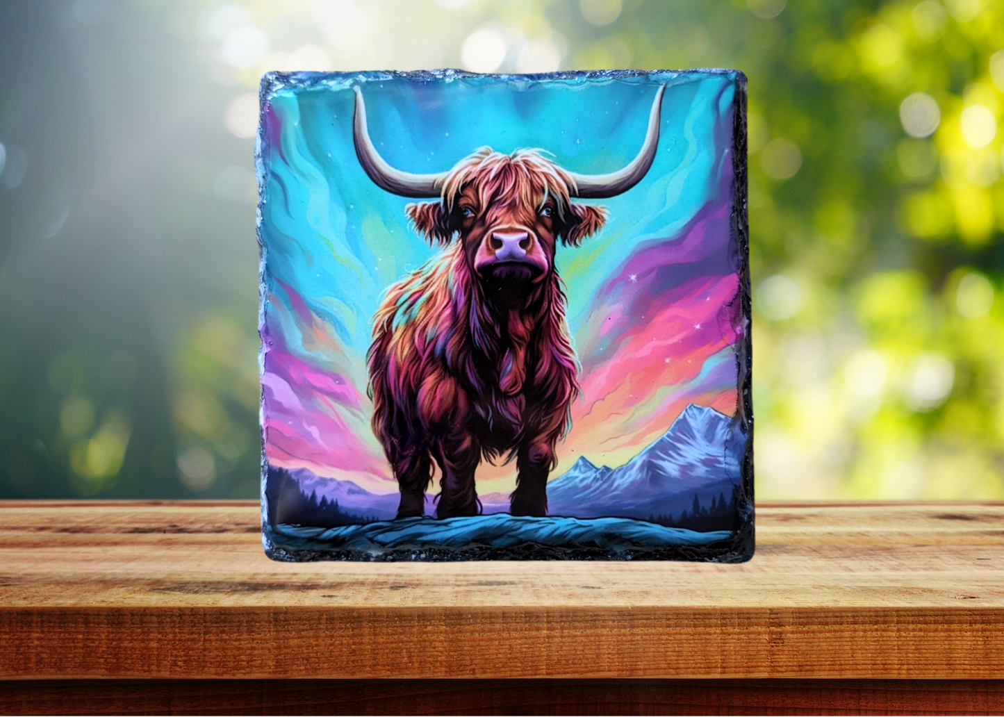 Northern Lights Highland Cow Slate Art