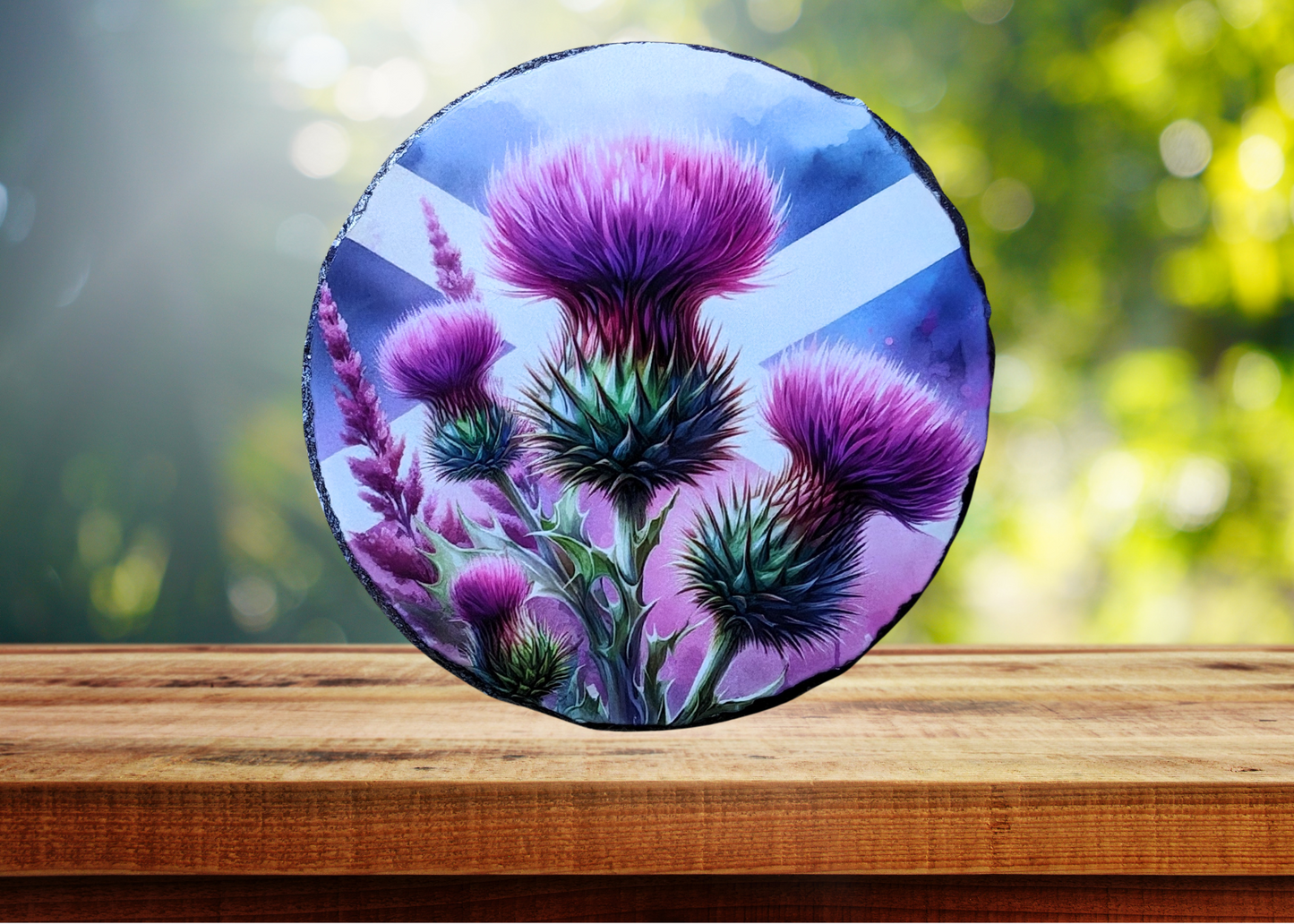 Round Scotland Flag Purple Thistle Slate Art