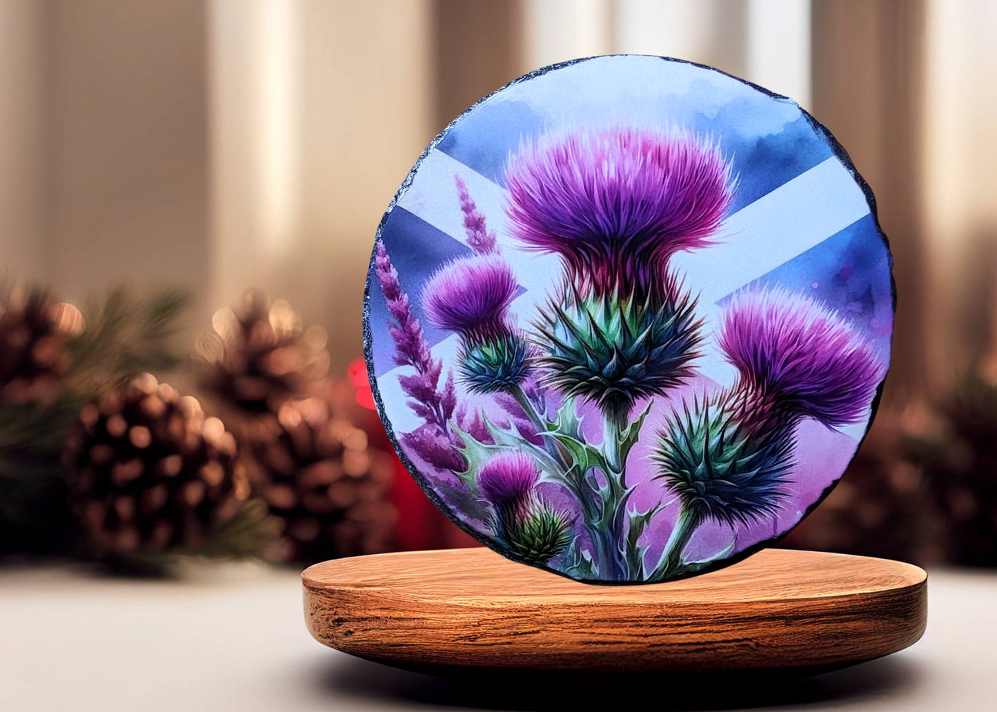 Round Scotland Flag Purple Thistle Slate Art