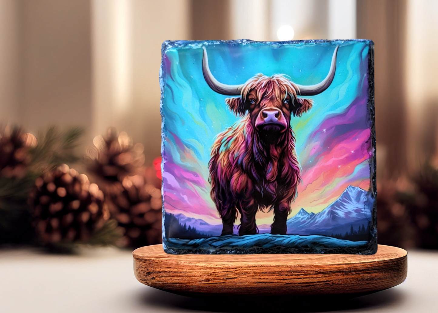 Northern Lights Highland Cow Slate Art