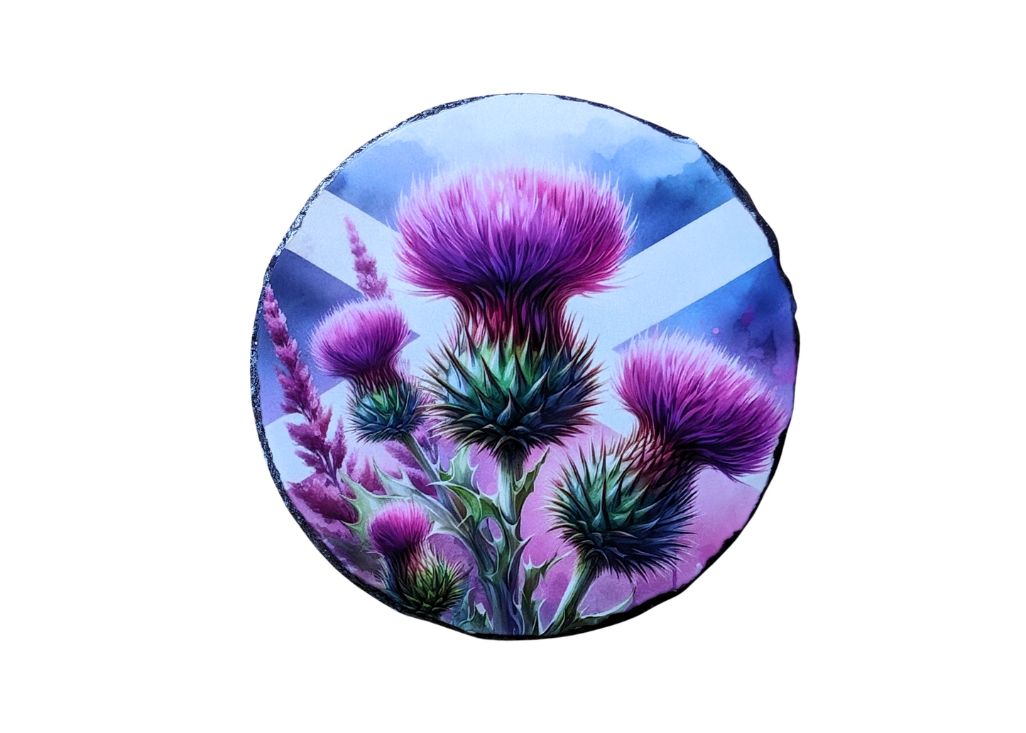 Round Scotland Flag Purple Thistle Slate Art