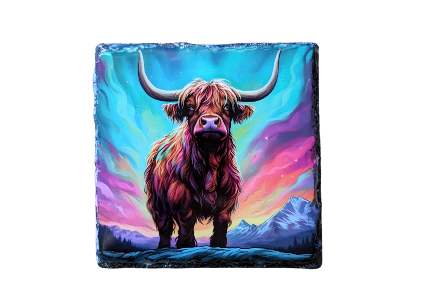 Northern Lights Highland Cow Slate Art