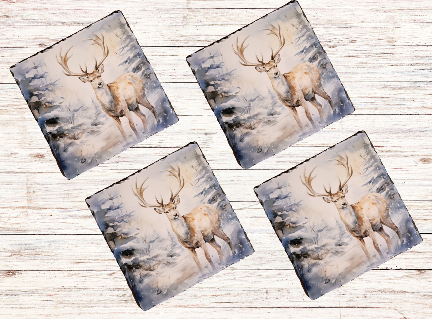 Winter Blue Stag Slate Coaster