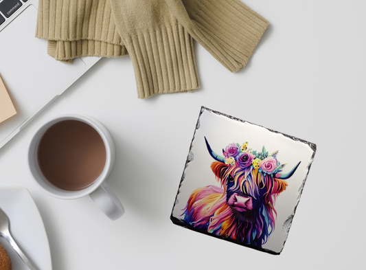 Colourful Cow With Flower Crown Slate Coaster