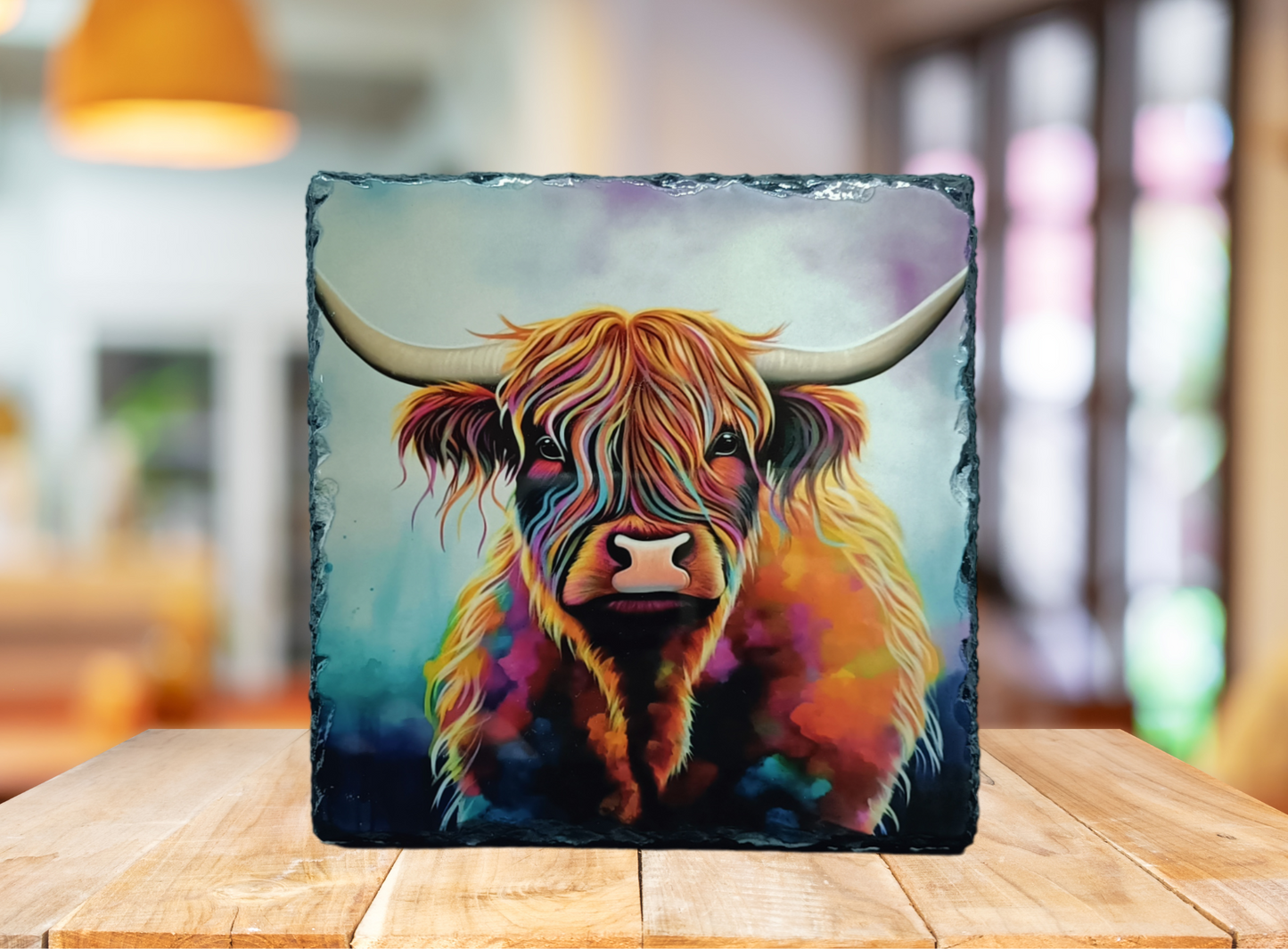 Light Watercolour Background Highland Cow Slate Art