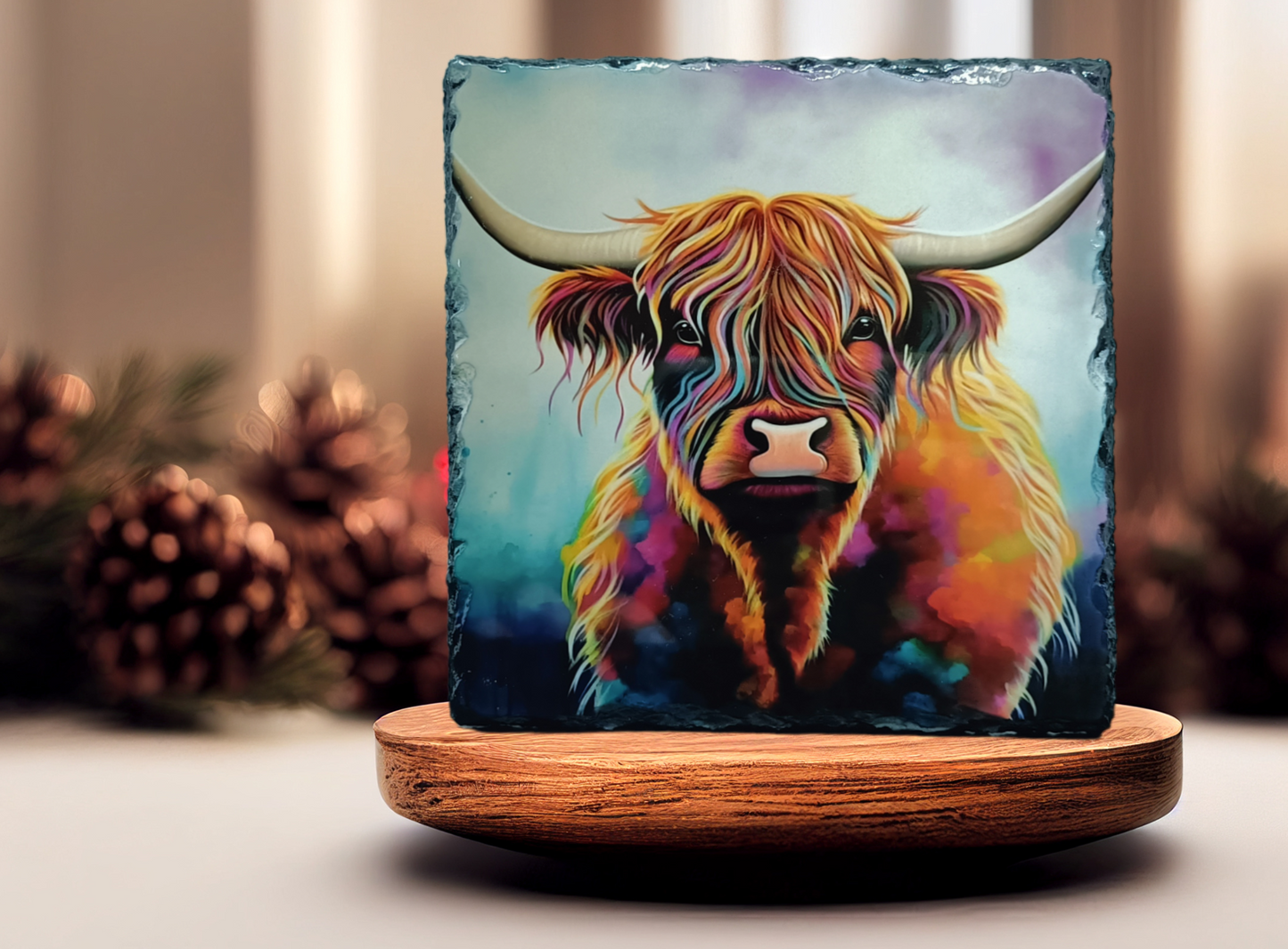 Light Watercolour Background Highland Cow Slate Art