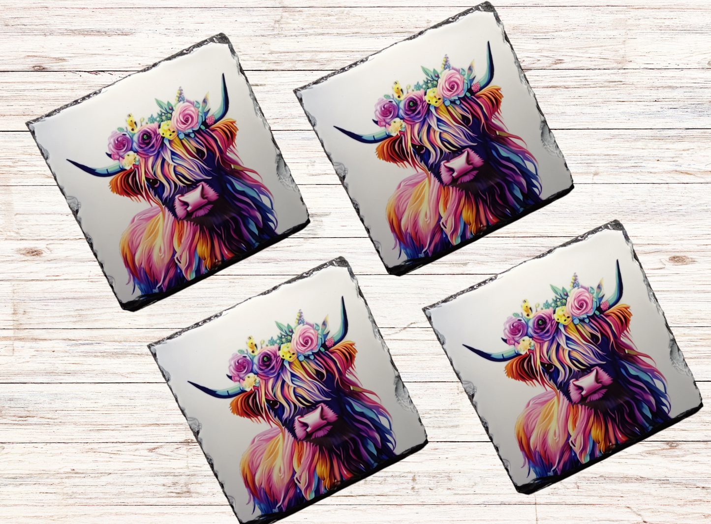 Colourful Cow With Flower Crown Slate Coaster