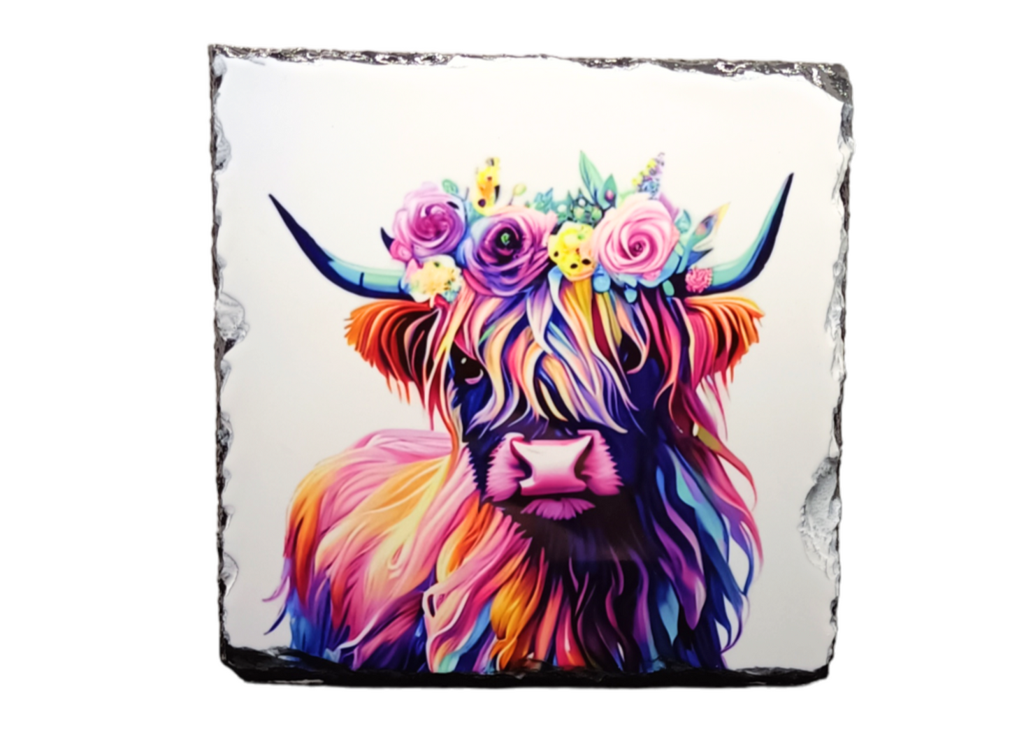 Colourful Cow With Flower Crown Slate Coaster